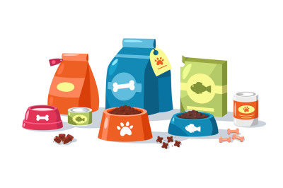 Pet feed packaging. Cartoon food for cats and dogs with toys grooming