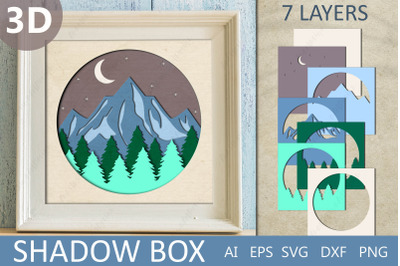 3d shadow box with mountain svg, Light box papercut template