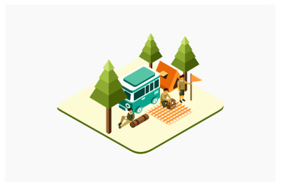 Isometric Picnic and Camping Vector Illustration