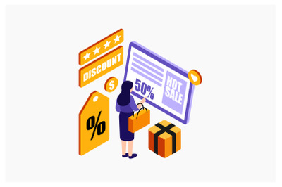 Isometric Women Shopping Online Vector Illustration