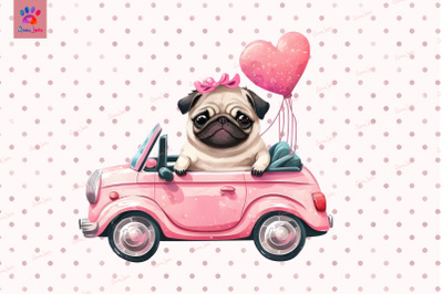 Cute Pug Puppy Riding Car Valentine