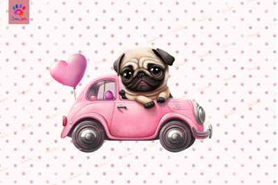 Pug Puppy In Pink Car Valentine