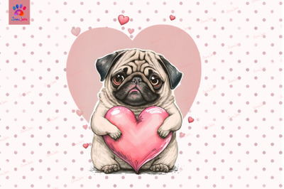 Pug Puppy Holding Pink Heart Valentine