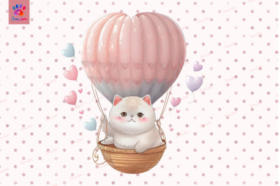 Cute Cat On Hot Air Balloon Valentine