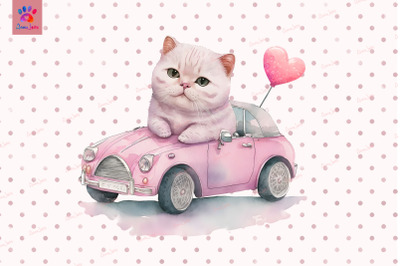 Cute Cat On Pink Car Valentine