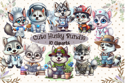 Cute Husky Puppy Cliparts Bundle