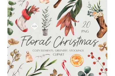 Watercolor Floral Christmas Clipart. Winter greenery, stockings PNG