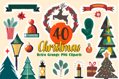 40 Christmas Retro Grunge PNG Clipart.