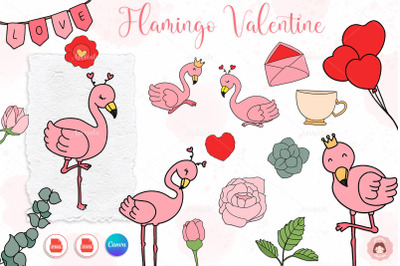 Flamingo Valentine and Rose for Canva | Valentine Illustration Bundle