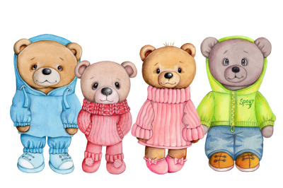 Set of 4 teddy bears, standing front position. Watercolor.