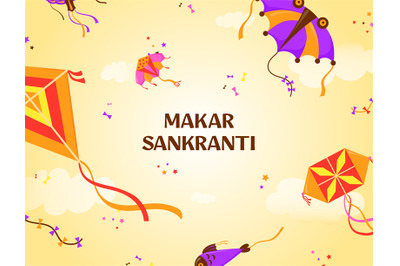 Makar sankranti banner. Pongal festival poster, flying kites backgroun