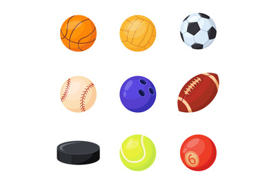Sports balls. Kit of equipment for games, cartoon hockey, soccer, base
