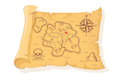 Pirate treasure map. Pirates old roll map, papyrus paper scroll indica