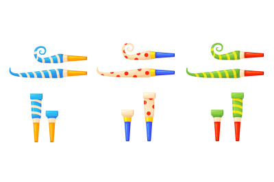 Party blower. Rolled birthday whistle, carnival horn accessory, noise