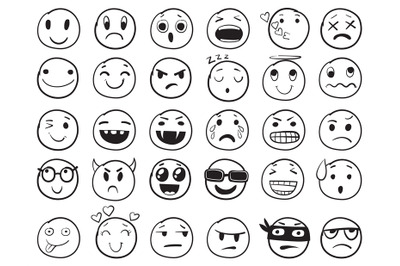 Doodle emoji set. Doodles image pictograms, Smile emotion funny faces,