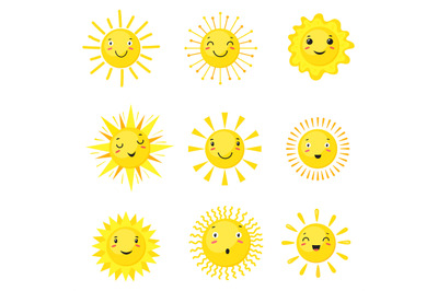 Sun emoji. Cute funny summer sunshine faces, cartoon happy emotions sm