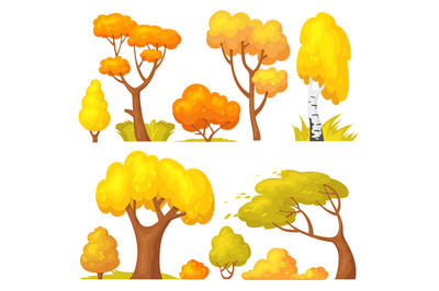 Autumn yellow bush. Cartoon seasons garden and forest trees in fall, s