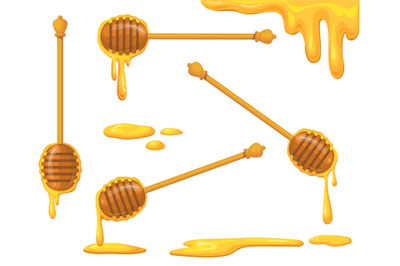 Honey spoon set. Cartoon wooden spoons dipper for melting sweet liquid