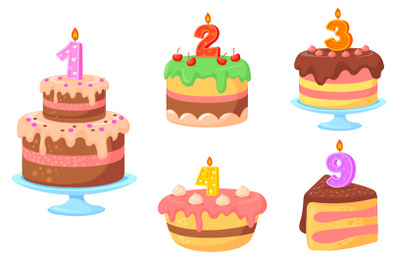 Cake candle numbers. Birthday cakes with celebration candles, colorful