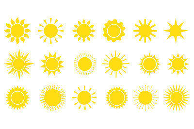 Warm sun symbols. Suns vector icons, natural sunshine symbol set, spri