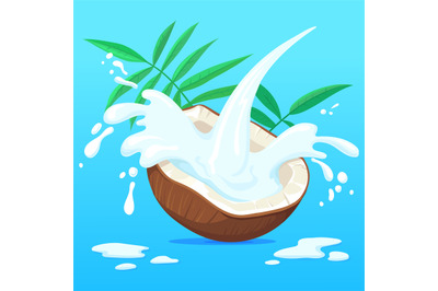 Coconut milk splash. Vector coco palm nut fruit with milky creamy spla