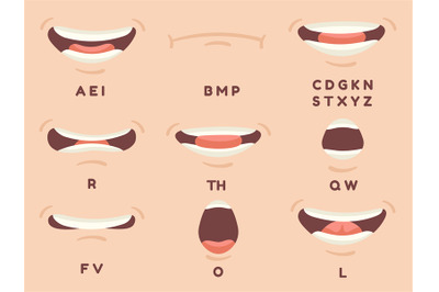 Talking mouth animation. Cartoon talk lip expersions, sync movement, A