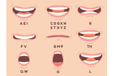 Mouth sync. Animate talking mouths lips with tongue for cartoon charac