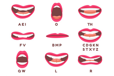 Red lips animation. Mouth talk sync, beautiful woman lip speaking engl