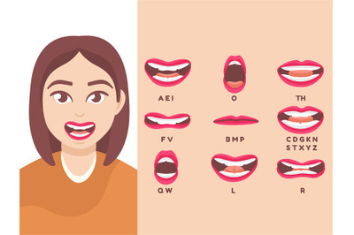 Female mouth sync. Lips animation for cartoon beautiful lady, Alphabet