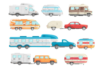 Motorhome cars. Caravan rv campers, retro travel car, vintage trailer