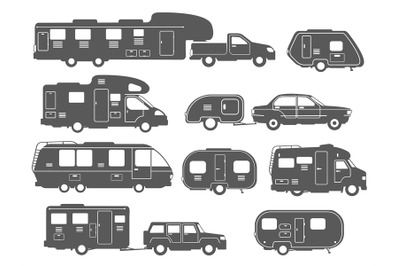 Motorhome silhouettes. Rv cars, camper vans, caravan recreational vehi