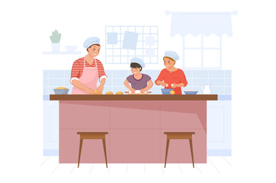 Mother cooking dough. Happy daughter and son cook kitchen, child makin