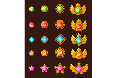 Award game progress. Golden amulets with gem, badge kit, jewelry star,