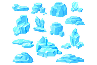 Cartoon ice pieces. Icicle glacier iceberg, frozen berg blocks, blue c