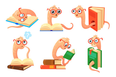 Cartoon bookworms. Worm reading book with glasses, bookworm funny char