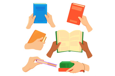 Hands holding books. Book in reader hand, arm with textbook, reading a