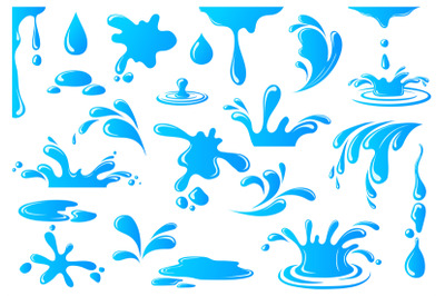 Current drops. Cartoon water splash drop, drip rain droplet, liquid te