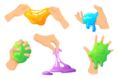 Hand holding slime. Homemade kids toy mucus between fingers hands, sti