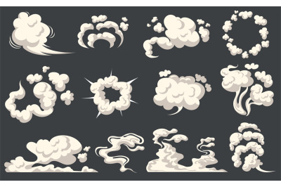 Cartoon dust clouds. Comic cloud shape&2C; spray air smoke&2C; fog road&2C; exp