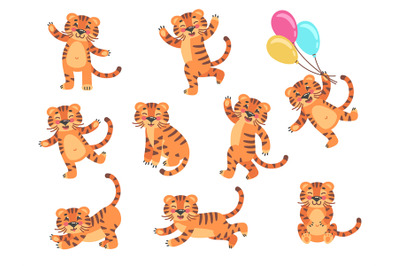 Cartoon cubs tiger. Little tigers kids, funny cute baby animal, drawin