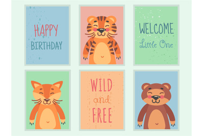 Little tiger invitation. Baby animal poster, cute bear, doodles fox, p