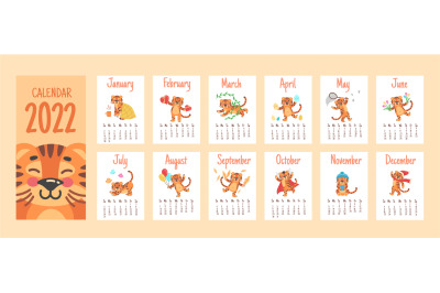 Calendar cute tigers. Chinese new year 2022, all month pages with anim