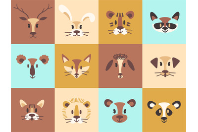 Simple animal portraits. Cute animals baby face, nursery poster little