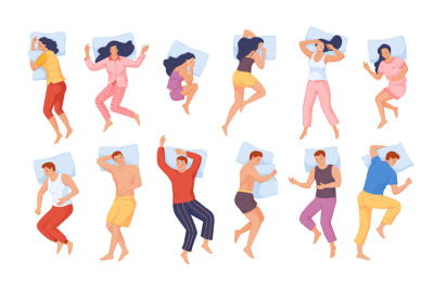 People sleeping poses. Woman man sleep position in bed, person posture