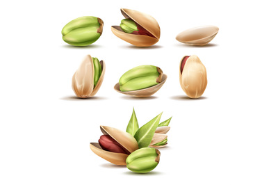 Realistic pistachios. 3D pistachio nut, ripe pistache with leaf, raw n