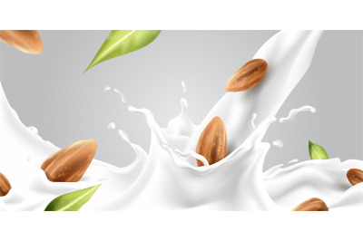 Splash milk almond. Milkshake with nuts and seeds, realistic almonds,