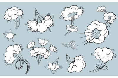 Speed cloud motion effect. Cartoon comic line clouds, moving smoke puf