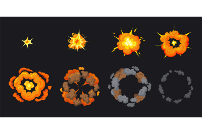 Explosion animation. Cartoon explosive smoke, sprite frame for game, p