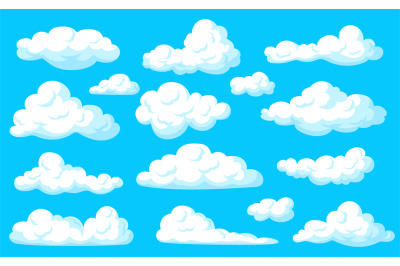 Cartoon fluffy clouds. Cloud in blue sky panorama, air white smoke, si