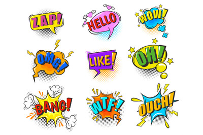 Snap speech bubbles. Comic suond effect sticker book superhero bubble,